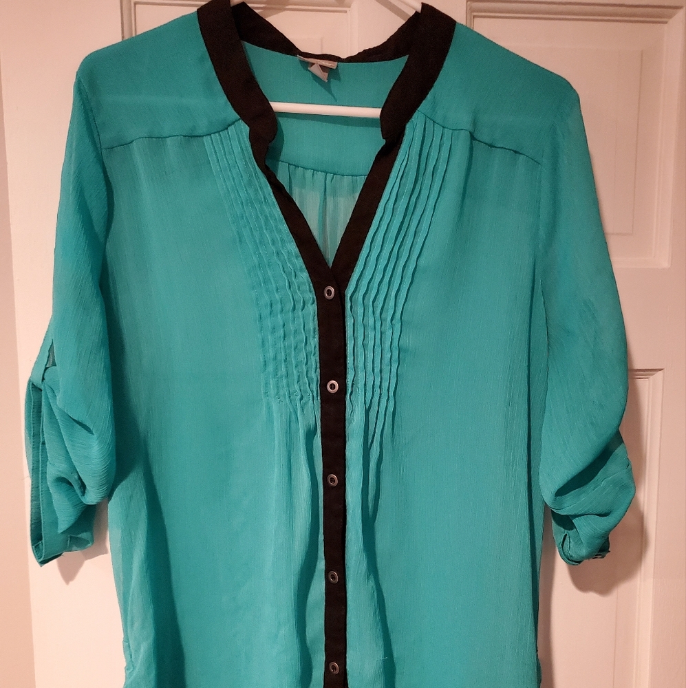 Vanity Turquoise Blouse with Black Accents